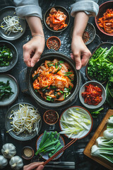 Kimchi making process, ingredients spread out, natural daylight, overhead shot, cultural essence