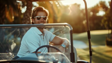 Young handsome man with golf car - obrazy, fototapety, plakaty