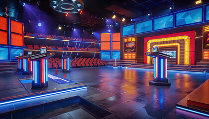 Game Show Set: An elaborate game show set with podiums, buzzers, and a large audience area, ready for contestants to compete - obrazy, fototapety, plakaty