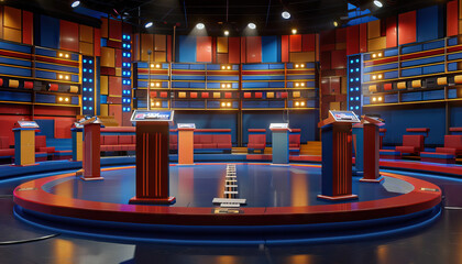 Game Show Set: An elaborate game show set with podiums, buzzers, and a large audience area, ready for contestants to compete