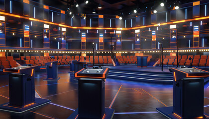 Game Show Set: An elaborate game show set with podiums, buzzers, and a large audience area, ready for contestants to compete