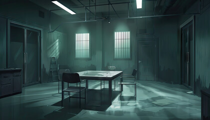 Fototapeta premium Crime Drama Interrogation Room: A stark, dimly-lit room with a table and chairs, set up for intense interrogation scenes