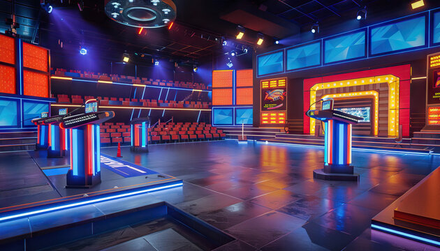 Game Show Set: An elaborate game show set with podiums, buzzers, and a large audience area, ready for contestants to compete