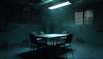 Crime Drama Interrogation Room: A stark, dimly-lit room with a table and chairs, set up for intense interrogation scenes - obrazy, fototapety, plakaty