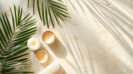 Top photo of marble surface with pleasant and soft light and palm leaves with copy space. Blank for banner in summer style