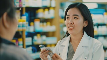 Generative AI : asian female pharmacist explain about how to use drug with patient, she holding drug strip pack with her hand  - obrazy, fototapety, plakaty