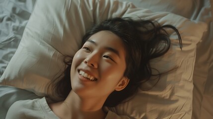 Generative AI : Close up of happy asian girl lying in bed on her pillow, smiling and rolling over as feeling energetic