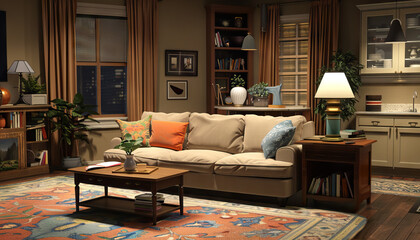 Sitcom Living Room Set: A cozy living room with a sofa, coffee table, and props, waiting for the actors to bring it to life - obrazy, fototapety, plakaty