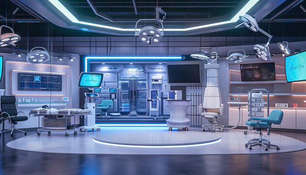 Medical Technology Talk Show Studio: Set with medical technology-themed decor, medical equipment models, and a backdrop featuring medical innovations and healthcare advancements
