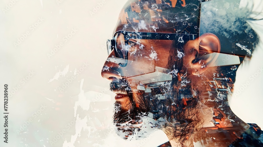 Poster generative ai : double exposure of male face. abstract man portrait. digital art. guy in glasses of 