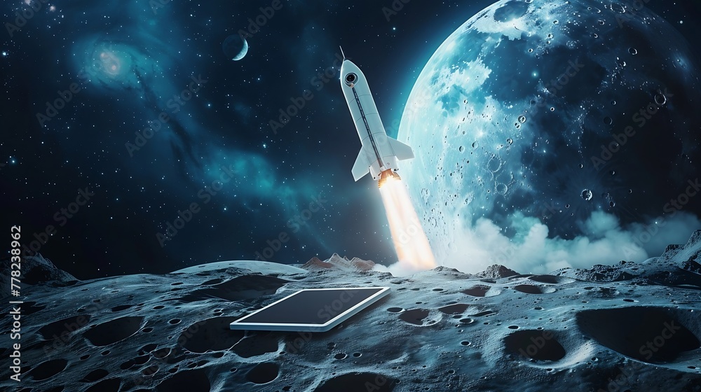 Poster Generative AI : Futuristic Conceptual Photo. Startup Concept. Rocket Take-off and Released from Digital Tablet 