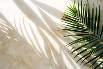 Top photo of marble surface with pleasant and soft light and palm leaves with copy space. Blank for...