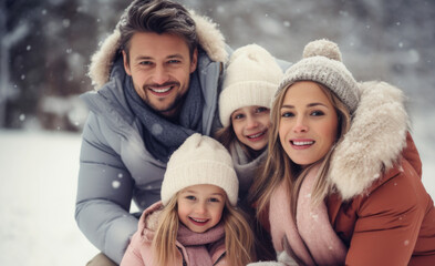 Loving parents and children playing together in a snowy winter background