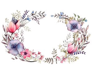 Illustration watercolor Floral Blossom Background with Leaves, floral border, on transparent background with png file. Cut out background.