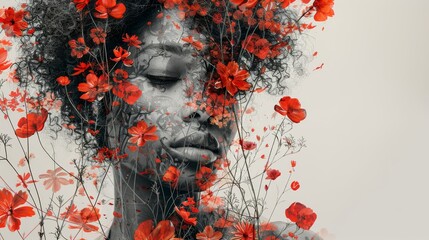 Contemporary art composition showcasing a stylish portrait of a woman with floral elements.