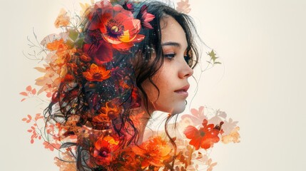 Contemporary digital collage art showcasing a woman's portrait transformed with vibrant floral accents.