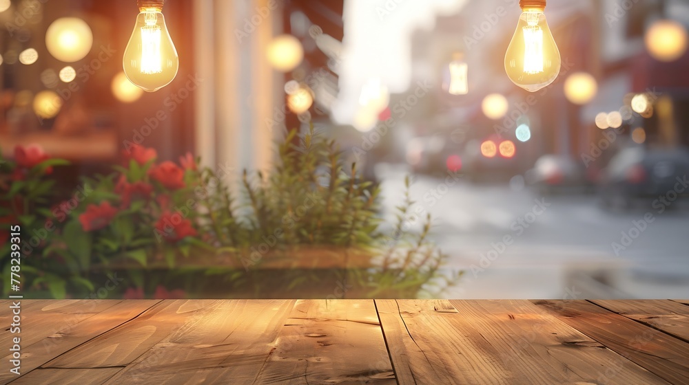 Aufkleber generative ai : wooden table top on blurred shop window of cafe with light bulb. background for prod