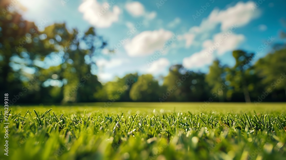 Poster Generative AI : Beautiful blurred background image of spring nature with a neatly trimmed lawn surrounded