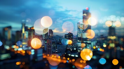 Obraz premium Generative AI : abstract double exposure of blurred sky night city downtown construction with circle round light background