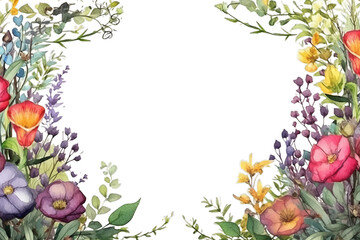 Illustration watercolor Floral Blossom Background with Leaves, floral border, on transparent background with png file. Cut out background.
