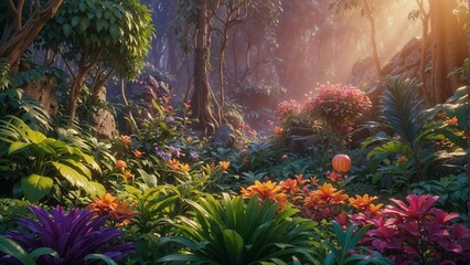 beautiful flower garden in the morning with light rays through the fog