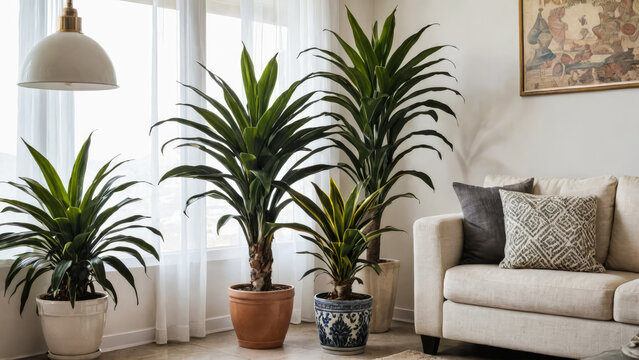 Different types of indoor plants are dracaena in ceramic flower pots on floor in corner of cozy Scandinavian style living room. Natural side lighting of houseplant.