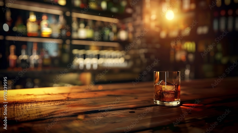 Aufkleber generative ai : liquor bar background in softfocus with woonden table
