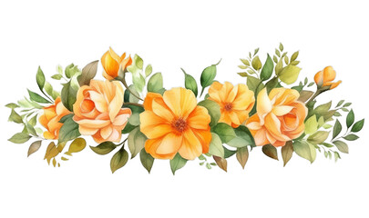 Illustration watercolor Floral Blossom Background with Leaves, floral border, on transparent background with png file. Cut out background.