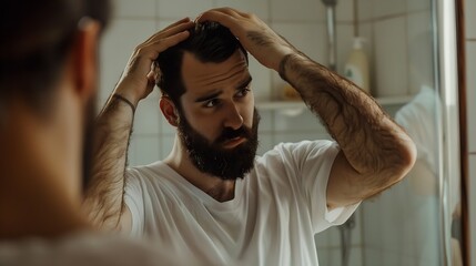 Generative AI : Latino person with beard grooming in bathroom. White metrosexual man worried for hair loss and looking at mirror 