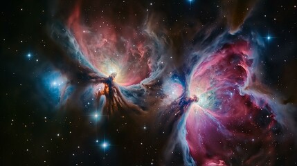 A colorful space scene with two large clouds of gas and dust. The clouds are pink and purple and...