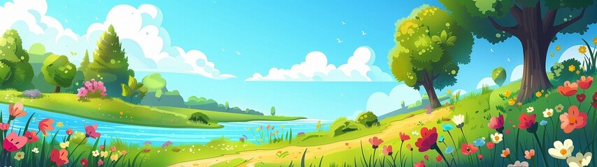 A large-format background with a spring and summer landscape. The awakening of Nature