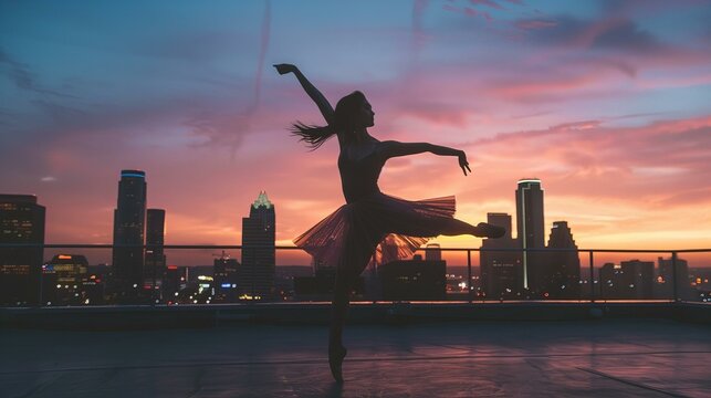 A woman in a pink dress is dancing on a rooftop in the city. The sky is a beautiful orange color, and the city lights are visible in the background