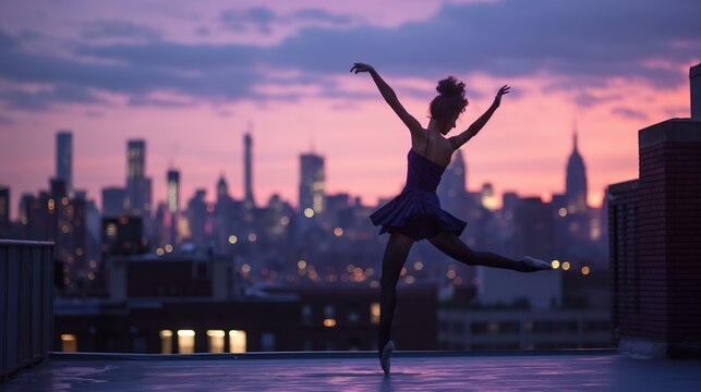 A woman in a blue dress is dancing on a rooftop in the city. The sky is a beautiful pink color, and the cityscape is lit up with lights. Scene is one of freedom and joy