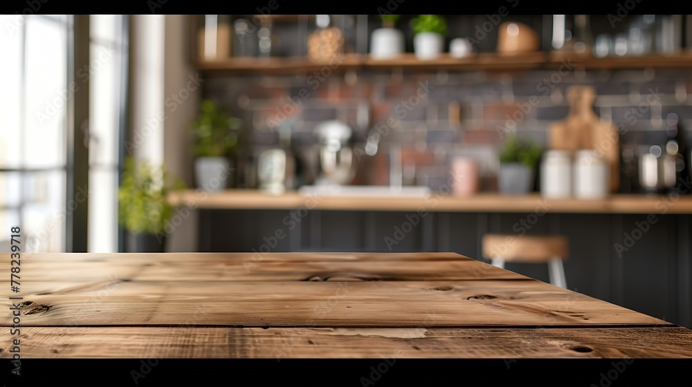 Poster generative ai : empty beautiful wood table top counter and blur bokeh modern kitchen interior backgr