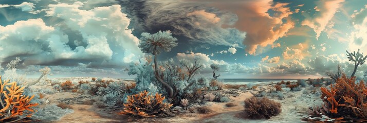 A panoramic view of a desert landscape with a tree in the foreground. The sky is cloudy and the sun is setting