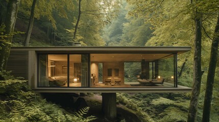 A small house is built on a hillside in a forest. The house is made of wood and has a lot of windows