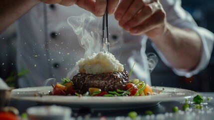 Generative AI : Close up of chef hands in hotel or restaurant kitchen decorating dish. Preparing beef steak 