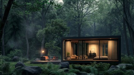 A small cabin in the woods with a fireplace and a bed. The cabin is surrounded by trees and rocks