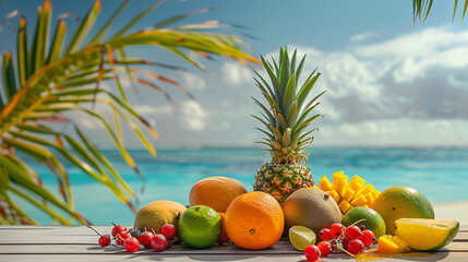 Set of tropical fruits on wooden table. The sandy beach and sea are visible on the background