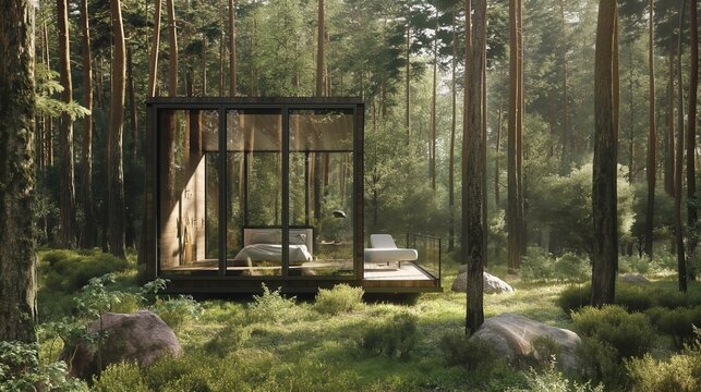 A small cabin in the woods with a bed and a couch. The cabin is surrounded by trees and rocks