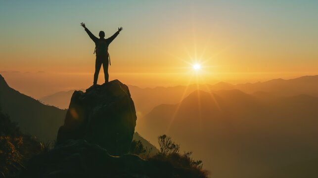 A man is standing on a mountain top, with the sun shining brightly behind him. He is holding his arms up in the air, as if he is celebrating or expressing joy. Concept of accomplishment and happiness