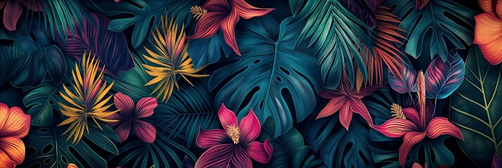 Fototapeta na wymiar A colorful image of flowers and leaves with a tropical vibe. The colors are bright and vibrant, creating a sense of energy and life. The image is likely meant to evoke feelings of relaxation