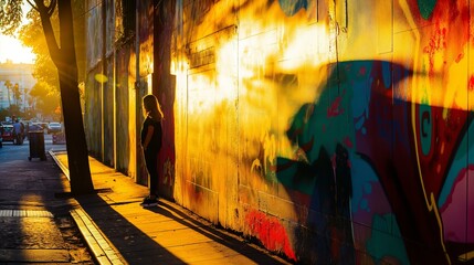 A woman stands in front of a graffiti wall with a sun shining on her. The wall is covered in colorful graffiti, and the sun casts a warm glow on the scene