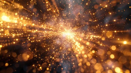 Golden Particles Explosion in Abstract Background, To inspire awe and wonder, and evoke emotions of enlightenment and understanding through a dynamic - obrazy, fototapety, plakaty
