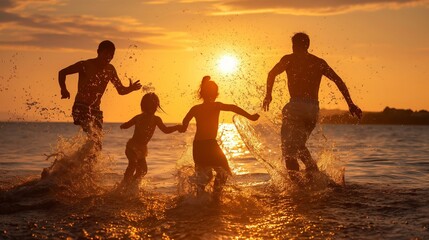 Fototapeta premium A family of four is playing in the ocean, with the sun setting in the background. The children are splashing and having fun, while the adults watch and enjoy the moment. Scene is joyful and carefree