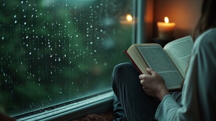 A woman is reading a book while sitting by a window. The window is foggy and the rain is pouring outside. The woman is holding the book in her lap and she is enjoying her reading time - obrazy, fototapety, plakaty