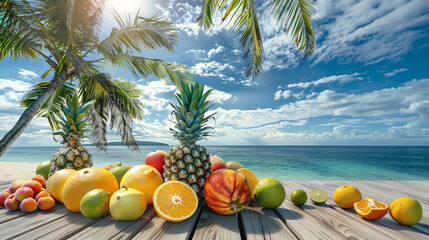 Set of tropical fruits on wooden table. The sandy beach and sea are visible on the background