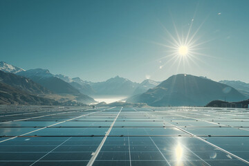 Solar panels glistening under the noon sun, mountains in the background, clear sky, wide angle