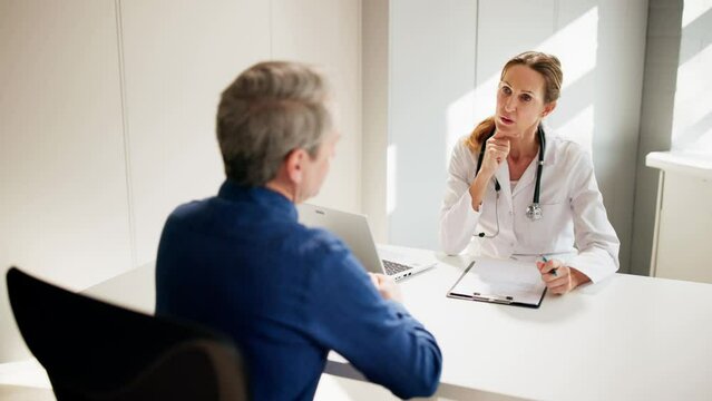 Medical Doctor And Patient In Hospital. Man Talking