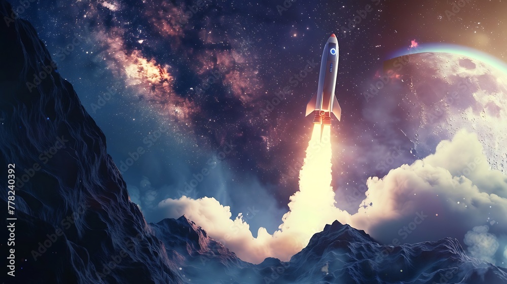 Aufkleber Generative AI : Futuristic Conceptual Photo. Startup Concept. Rocket Take-off and Released from Digital Tablet 